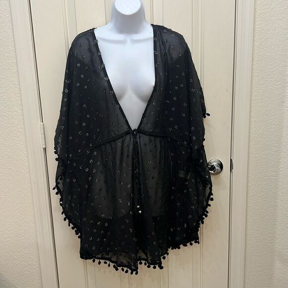 Club Z Collection Swim Coverup Size Large Black Silver Metallic Drawstring Waist - Picture 1 of 6